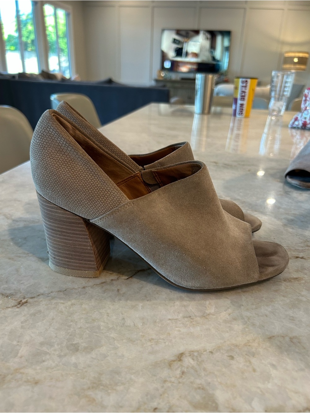 Suede Peep-Toe Block Heel